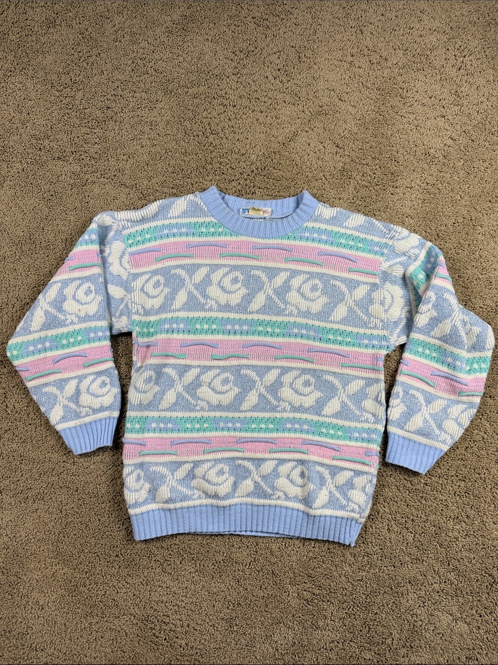 Rose | Pastel Floral Crewneck Sweater - Light Blue, Pink & White